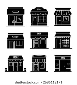 Conjunto de iconos de tienda. Línea y glifo tienda tienda Vector. icono de mercado o logotipo símbolo aislado Ilustración vectorial . 