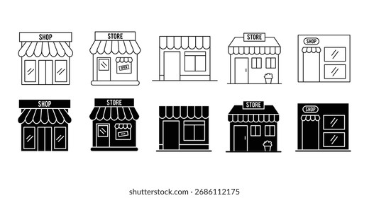Symbolsatz speichern. Linie und Glyphe Shop-Vektor. Marktplatz Symbol oder Logo einzelne Zeichen Symbol Vektorgrafik . 