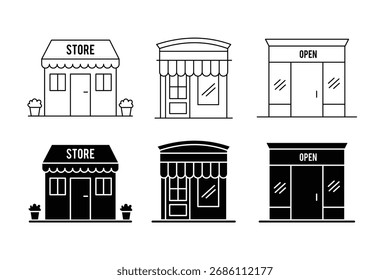 Conjunto de iconos de tienda. Línea y glifo tienda tienda Vector. icono de mercado o logotipo símbolo aislado Ilustración vectorial . 