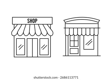 Conjunto de iconos de tienda. Vector de tienda de línea y glifo. Conjunto de diseño de línea de icono de tienda. Ilustración vectorial de la tienda en el fondo blanco. 