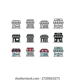 Un icono de tienda establecido en estilo de color de glifo de línea para negocios minoristas y diseños relacionados con compras.