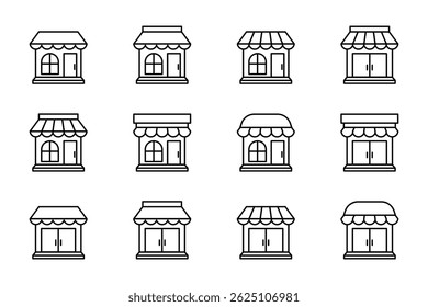 Store icon set. Store icon in line style. Retail icon set. Store symbol. Shop icon set. Shop symbol. Store Building. Shop building. Vector illustration.