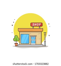 Symbol speichern. Shop-Symbol. Flaches Design. Shop oder Markt. Cartoon-Geschäft, Markt. Einkaufsgeschäft einzeln auf weißem Hintergrund.  Lagergebäude. Vorverkaufsgeschäft. Vektorillustration