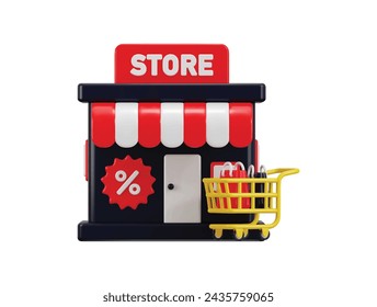 store icon with shopping cart, shopping beg and discount tag icon 3d rendering vector illustration