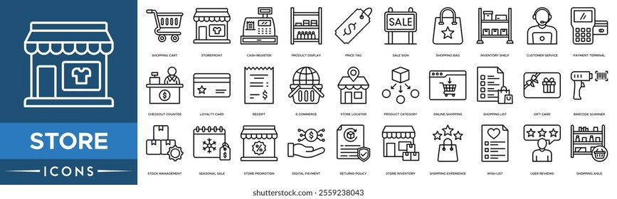 Store icon. Shopping Cart, Storefront, 
Cash Register, Product Display and Price Tag