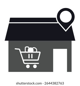 Winkelpictogram. Winkelpictogram, winkel met locatiepunt pictogram vector ontwerp. Winkelgebouw of winkel, winkelwagentje icoon. Vectorillustratie.