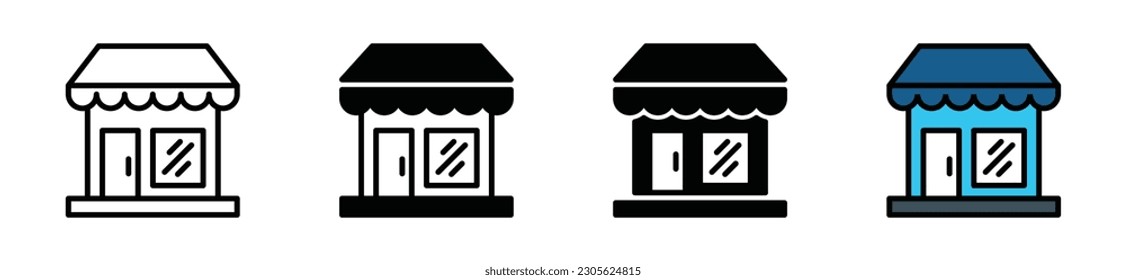 Store icon in thin line, flat, and color style on white background. Shop, market, supermarket, mall symbol for apps and websites. Vector illustration