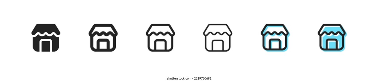 Store icon. Vector marketplace symbol. Simple shop outline signs. Department web sign. Cafe icon set. Supermarket blue button. Shop center, storefront, online market, small build flat icons