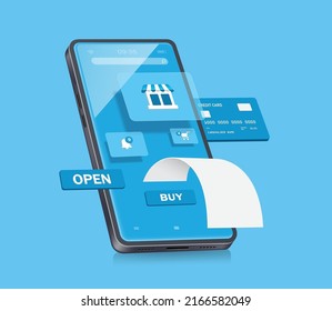 store icon,notification bell, and add to cart Pop-up pops up on the smartphone screen after inserting a credit card along with a receipt flowing out,vector 3d isolated for online shopping concept 