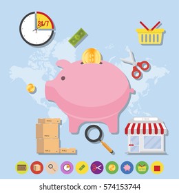 Store and icons on world map background. Flat vector illustrations on the theme of shopping.