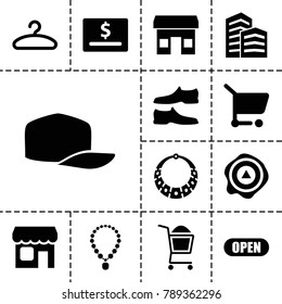 Store icons. set of 13 editable filled store icons such as man shoe, store, dollar card, arrow up, shopping cart, hanger, shop, open, necklace, baseball cap
