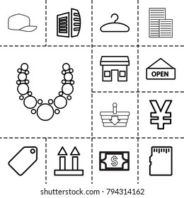 Store icons. set of 13 editable outline store icons such as tag, business center, store, yuan, cargo arrow up, hanger, open plate, memory card, necklace, money, baseball cap
