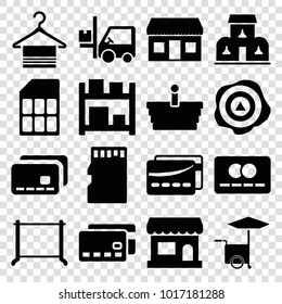 Store icons. set of 16 editable filled store icons such as hanger, credit card, forklift, store, storage, memory card, building, card, shopping basket, arrow up