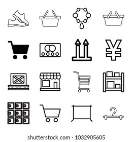 Store icons. set of 16 editable outline store icons such as shopping cart, credit card, store, necklace, hanger, yuan, cargo on palette, storage, luggage storage, man shoe