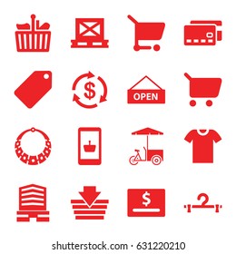 Store icons set. set of 16 store filled icons such as tag, money, hanger, business center, fast food cart, cargo on palette, open plate, t-shirt, shopping cart, shopping bag
