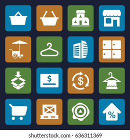 Store icons set. set of 16 store filled icons such as luggage storage, hanger, money, business center, fast food cart, cargo on palette, arrow up, box, shop, mortgage