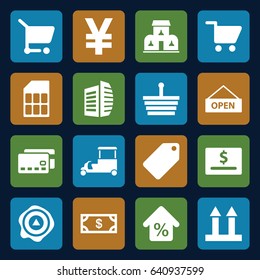 Store icons set. set of 16 store filled icons such as tag, money, business center, fast food cart, cargo arrow up, arrow up, mortgage, building, shopping cart, open plate