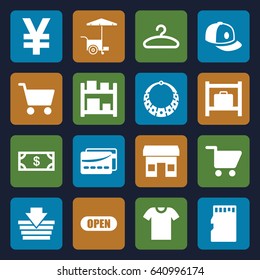 Store icons set. set of 16 store filled icons such as luggage storage, money, baseball cap, fast food cart, hanger, memory card, open, card, shopping cart, t-shirt, storage