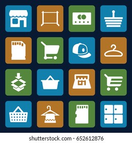 Store icons set. set of 16 store filled icons such as credit card, luggage storage, hanger, baseball cap, box, memory card, shop, shopping cart, shopping bag