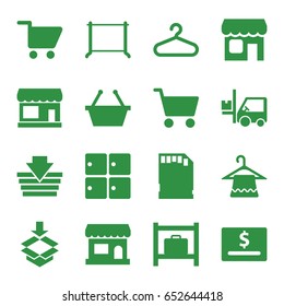 Store icons set. set of 16 store filled icons such as store, luggage storage, hanger, forklift, box, memory card, shop, shopping cart, shopping basket