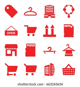 Store icons set. set of 16 store filled icons such as necklace, hanger, business center, cargo arrow up, memory card, shop, shopping cart, open plate, tag