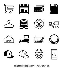 Store icons set. set of 16 store filled and outline icons such as baseball cap, business center, fast food cart, memory card, storage, necklace, hanger, arrow up, forklift