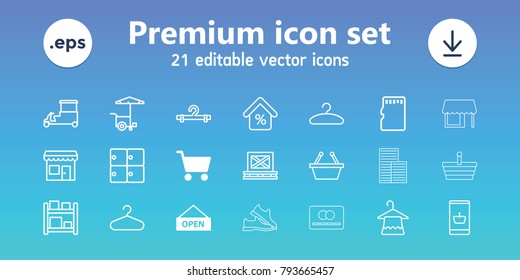 Store icons. set of 21 editable outline store icons includes shopping cart, open plate, luggage storage, hanger, shopping basket, online shopping, fast food cart
