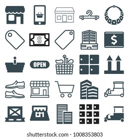 Store icons. set of 25 editable filled and outline store icons such as luggage storage, fast food cart, cargo on palette, cargo arrow up, shop, open, necklace, store, tag