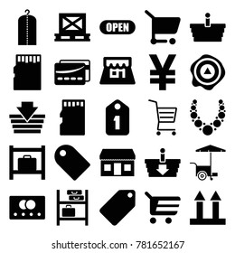 Store icons. set of 25 editable filled store icons such as credit card, luggage storage, tag, clothes on hanger, shopping basket, shopping cart, fast food cart, yuan