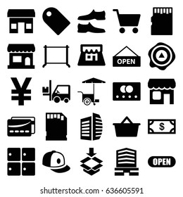 Store icons set. set of 25 store filled icons such as credit card, luggage storage, money, hanger, man shoe, baseball cap, business center, fast food cart, arrow up, forklift