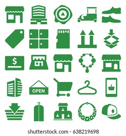 Store icons set. set of 25 store filled icons such as luggage storage, tag, necklace, clothes on hanger, hanger, man shoe, baseball cap, business center, fast food cart