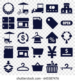 Store icons set. set of 25 store filled icons such as credit card, store, luggage storage, necklace, hanger, money, fast food cart, box, memory card, mortgage, building, open