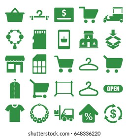 Store icons set. set of 25 store filled icons such as necklace, money, clothes on hanger, hanger, fast food cart, forklift, box, memory card, mortgage, building, open