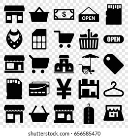 Store icons set. set of 25 store filled icons such as store, necklace, money, clothes on hanger, hanger, fast food cart, memory card, shop, building, open, card, shopping cart