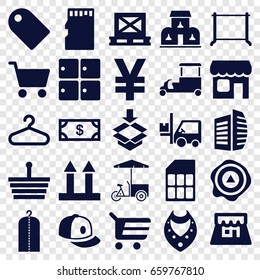 Store icons set. set of 25 store filled icons such as luggage storage, necklace, money, clothes on hanger, hanger, baseball cap, business center, fast food cart