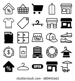 Store icons set. set of 25 store filled and outline icons such as hanger, business center, memory card, mortgage, open, store, luggage storage, tag, money, clothes on hanger