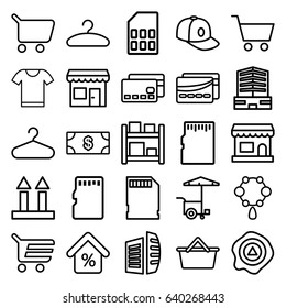 Store icons set. set of 25 store outline icons such as necklace, money, hanger, baseball cap, business center, fast food cart, cargo arrow up, arrow up, memory card, mortgage