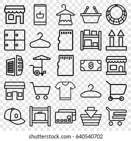 Store icons set. set of 25 store outline icons such as luggage storage, hanger, money, baseball cap, business center, fast food cart, cargo arrow up, memory card, shop