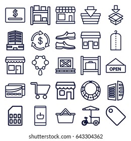Store icons set. set of 25 store outline icons such as store, luggage storage, necklace, money, clothes on hanger, man shoe, business center, fast food cart, cargo on palette