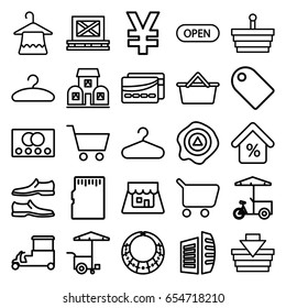 Store icons set. set of 25 store outline icons such as credit card, hanger, man shoe, business center, fast food cart, cargo on palette, arrow up, shop, mortgage, building