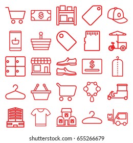 Store icons set. set of 25 store outline icons such as store, luggage storage, tag, necklace, money, clothes on hanger, hanger, man shoe, baseball cap, business center