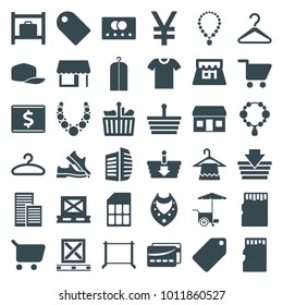 Store icons. set of 36 editable filled store icons such as credit card, luggage storage, tag, necklace, hanger, clothes on hanger, business center, shopping basket