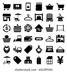 Store icons set. set of 36 store filled icons such as credit card, luggage storage, tag, hanger, necklace, money, clothes on hanger, business center, fast food cart, arrow up