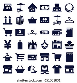 Store icons set. set of 36 store filled icons such as credit card, store, hanger, money, clothes on hanger, baseball cap, business center, fast food cart, cargo arrow up, box