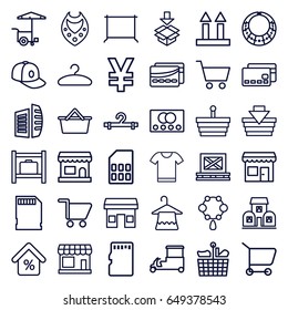 Store icons set. set of 36 store outline icons such as credit card, store, luggage storage, necklace, hanger, baseball cap, business center, fast food cart, cargo on palette
