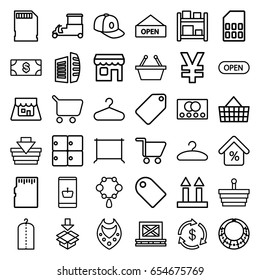 Store icons set. set of 36 store outline icons such as credit card, luggage storage, tag, necklace, money, clothes on hanger, hanger, baseball cap, business center