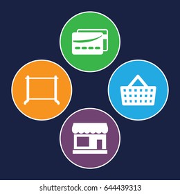 Store icons set. set of 4 store filled icons such as store, hanger, card