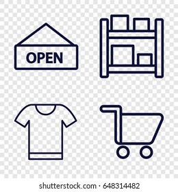 Store icons set. set of 4 store outline icons such as shopping cart, open plate, t-shirt