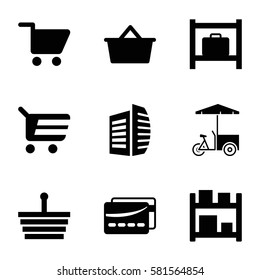 store icons set. Set of 9 store filled icons such as luggage storage, business center, fast food cart, card, shopping cart, shopping bag, storage