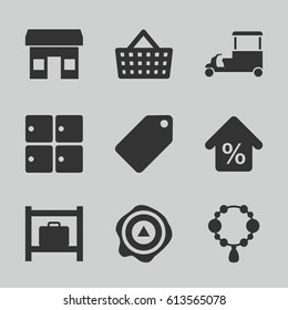 Store icons set. set of 9 store filled icons such as luggage storage, tag, necklace, fast food cart, arrow up, mortgage, shopping bag